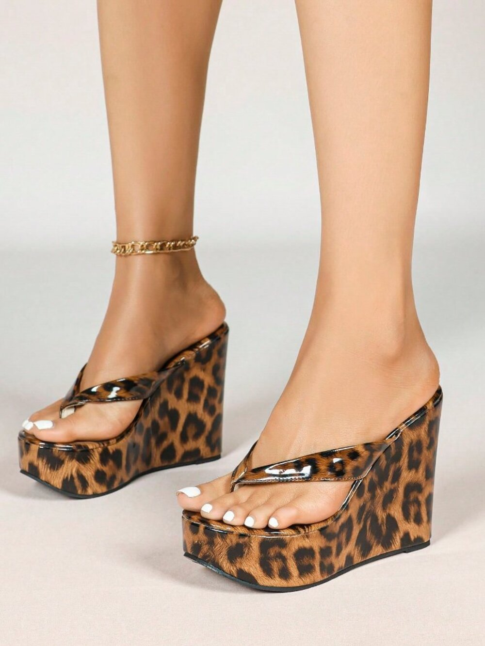 Brown Fashionable Women's Leopard Print Thick Wedge Sandals - Picture 2 of 4
